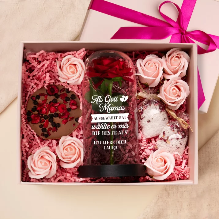 Geschenkset für Mama mit Ewiger Rose, Schokolade und Badesalz