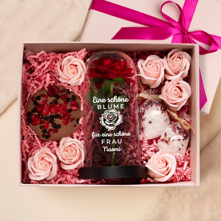 Geschenkset für Sie 2 mit Ewiger Rose, Schokolade und Badesalz Geschenkset für Sie 2 mit Ewiger Rose, Schokolade und Badesalz