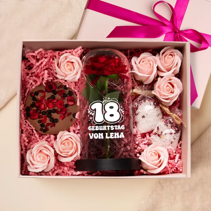 Geschenkset zum 18. Geburtstag mit Ewiger Rose, Schokolade und Badesalz Geschenkset zum 18. Geburtstag mit Ewiger Rose, Schokolade und Badesalz