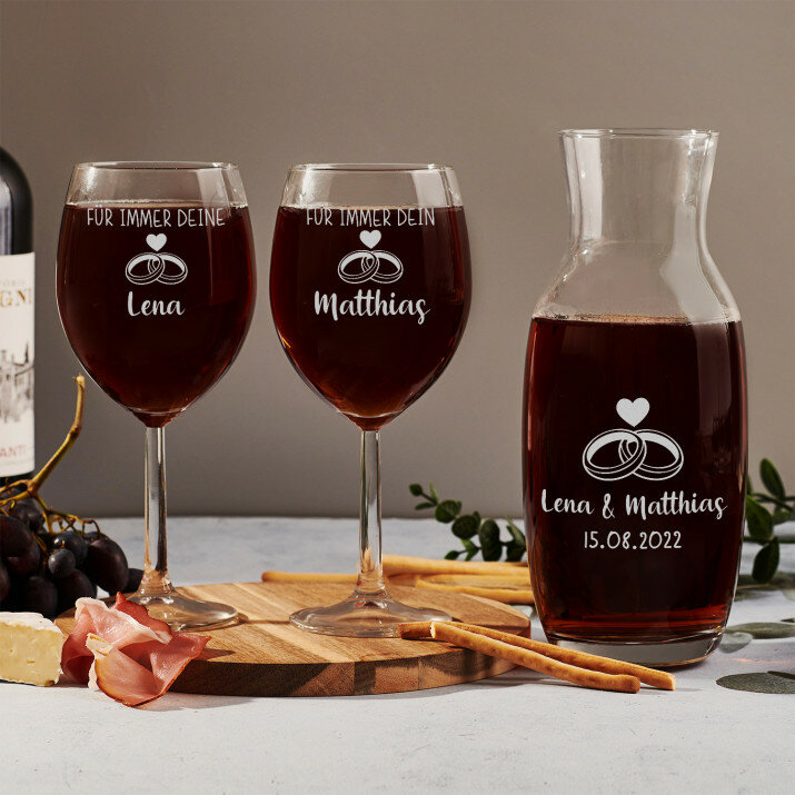  Für immer Dein, Für immer Deine - Weinkaraffe und zwei Weingläser - Set mit Gravur