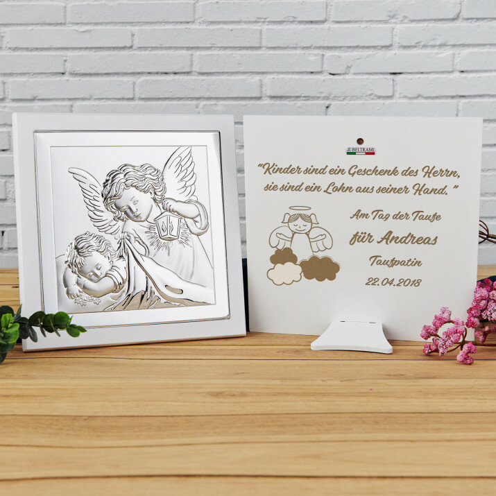 Geschenk des Herrn - Engel mit Laterne - Silbernes Bild mit Gravur