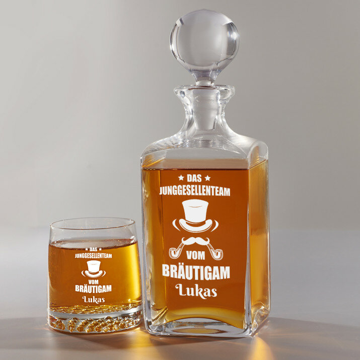 Junggesellenteam - Whiskykaraffe und Whiskygläser - Set mit Gravur