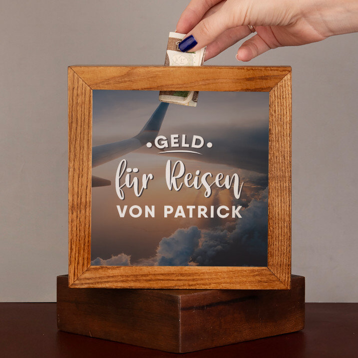 Geld für Reisen - Holzspardose