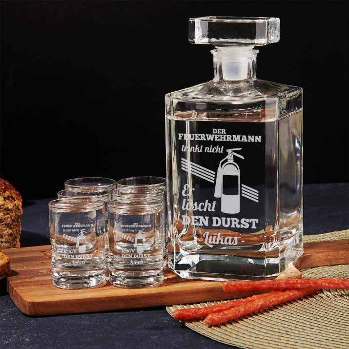 Löscht den Durst - Karaffe und Schnapsgläser - Set mit Gravur