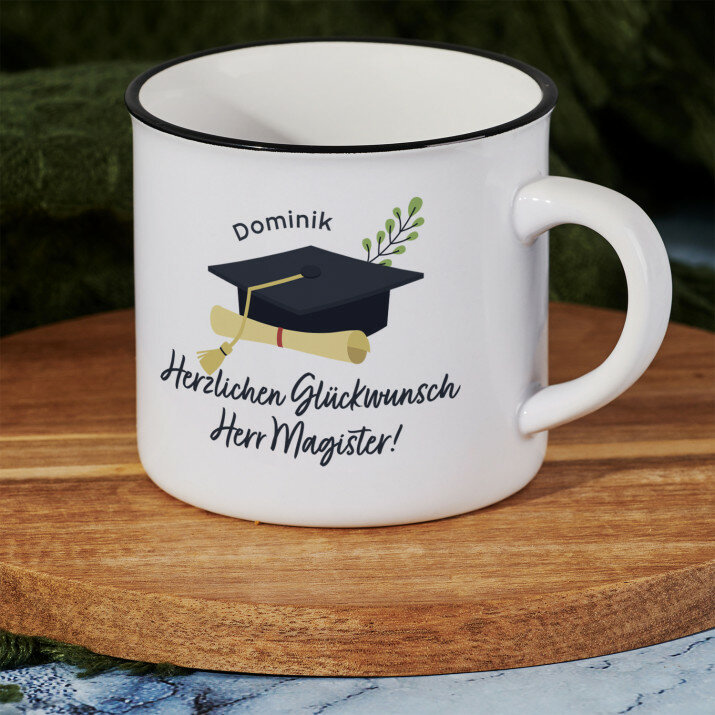Herzlichen glückwunsch herr magister - Keramikbecher mit schwarzem Rand