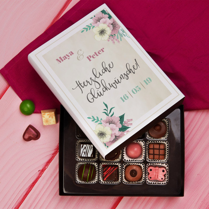 Glückwünsche Hochzeitsblumen - Belgische Pralinen