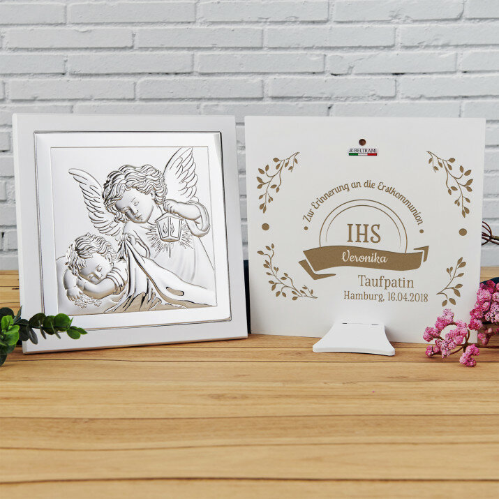 IHS - Engel mit Laterne - Silbernes Bild mit Gravur