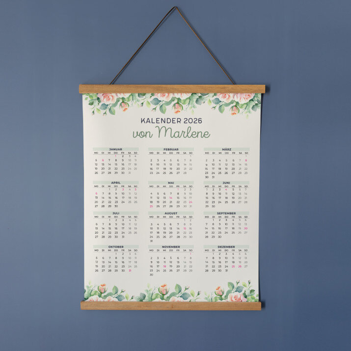 Name Blumen - Poster-Kalender mit Holzleisten