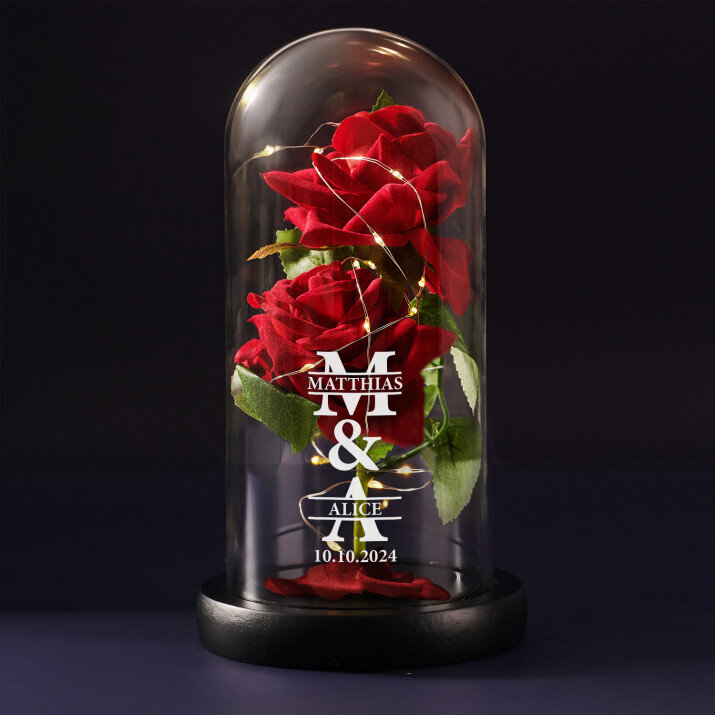 Initiale mit Namen für Paare - Ewige Rose im Glas