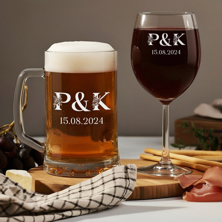 Initialen für Paare Blumen - Set aus Becher und Weinglas