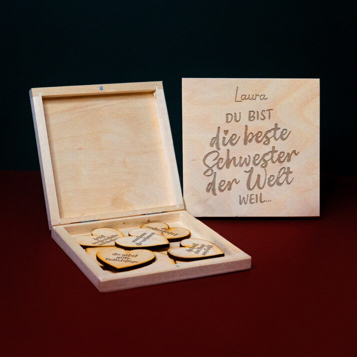 Du bist die beste Schwester - Box mit Holzherzen