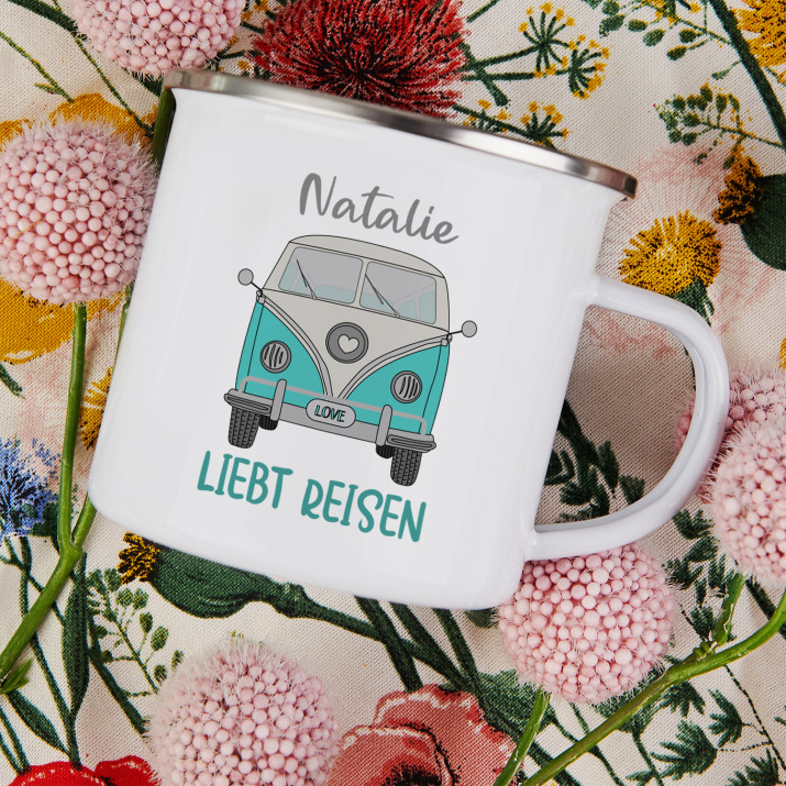 Liebt Reisen - emaillierter Becher