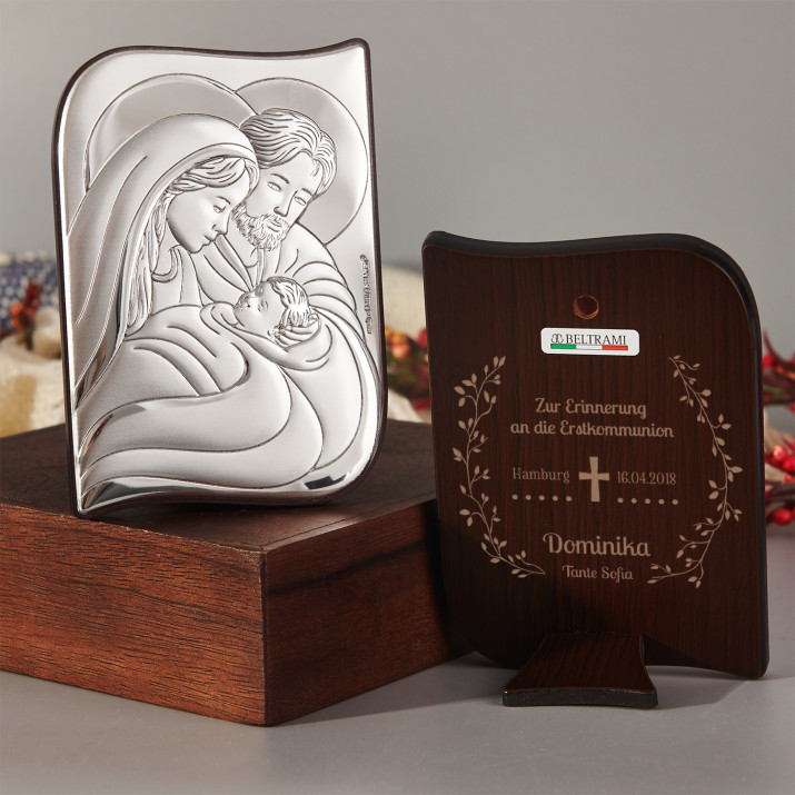 Kommunion Kreuz - Heilige Familie - Silbernes Bild mit Gravur