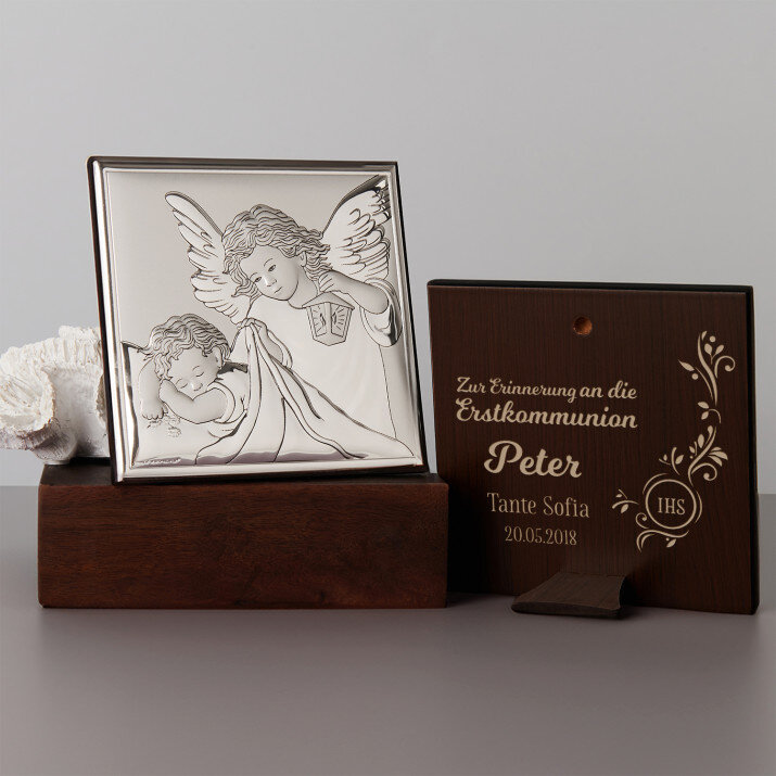 Erstkommunion - Engel mit Laterne - Silbernes Bild mit Gravur Erstkommunion - Engel mit Laterne - Silbernes Bild mit Gravur