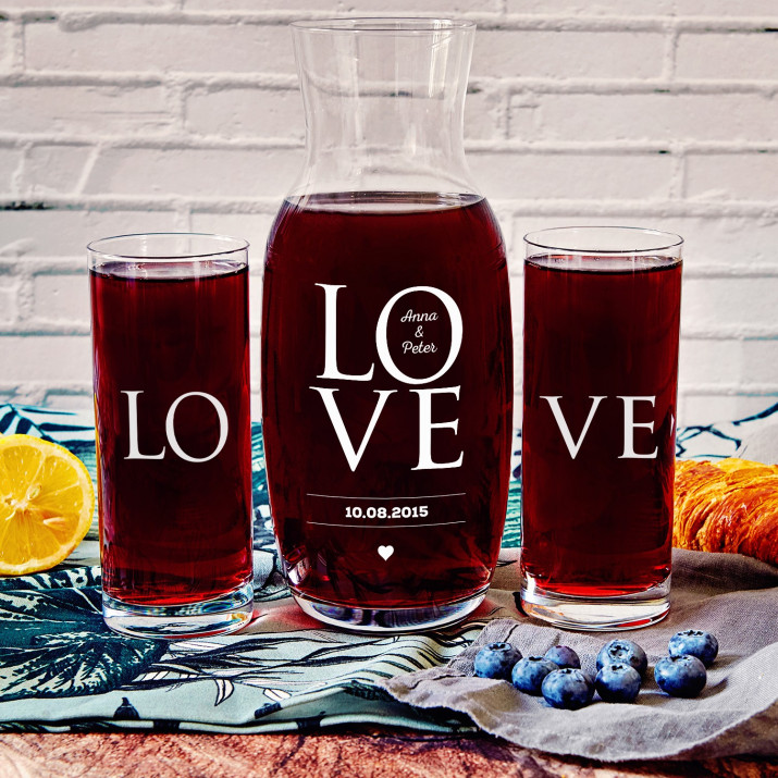 LOVE - Set: Karaffe und zwei Gläser mit Gravur