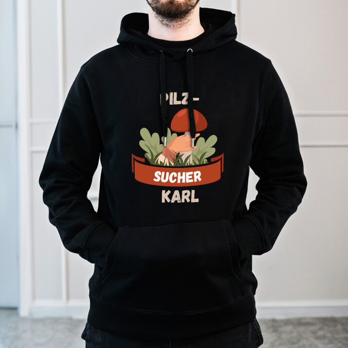 Pilzsucher - Schwarzer Kapuzenpullover für Herren