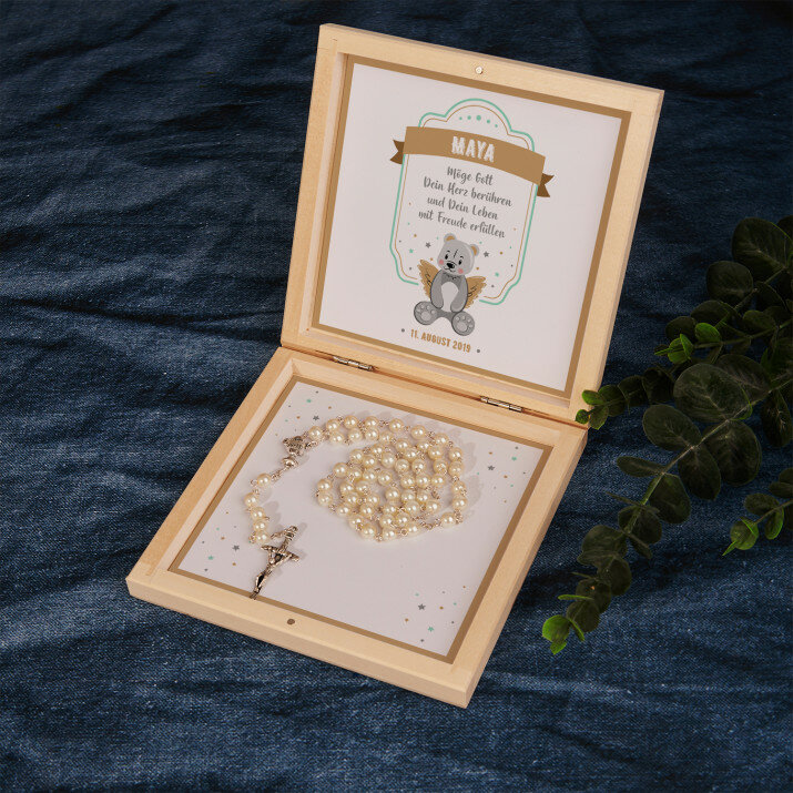 Engel Teddybär - Rosenkranz in Holzkiste