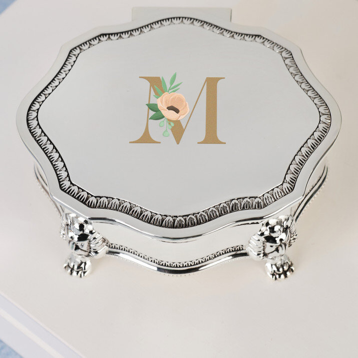 Monogramm Blumen - Silbernes Schmuckkästchen