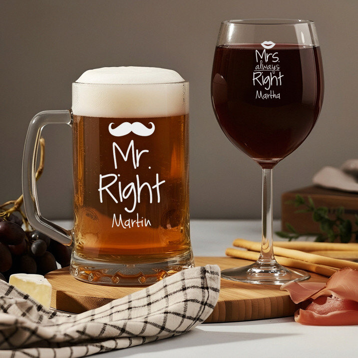 Mr & Mrs Right - Set aus Becher und Weinglas