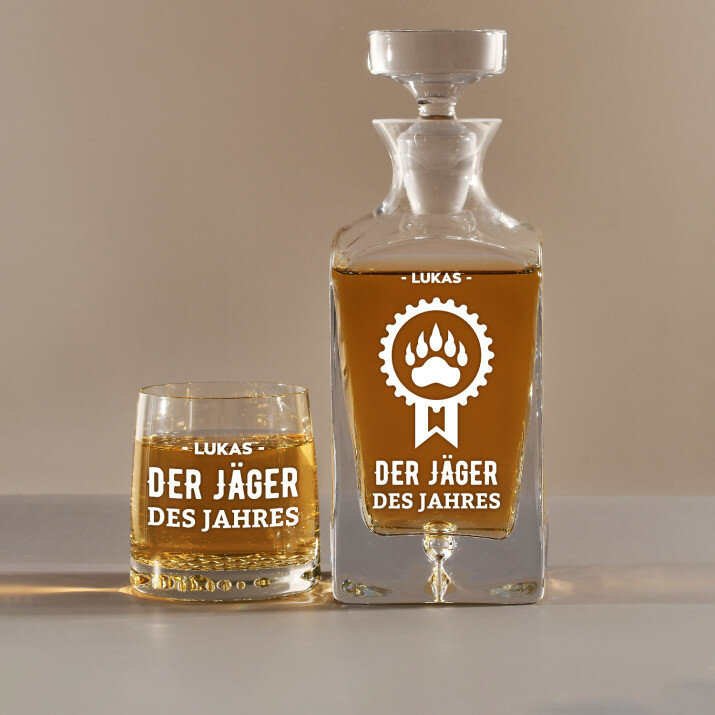 Jäger des Jahres - Whiskykaraffe und Whiskygläser - Set mit Gravur