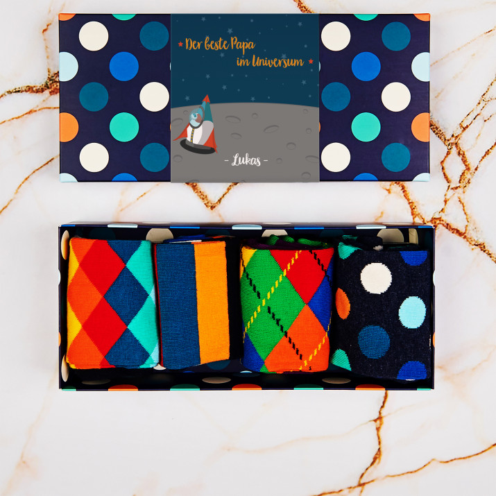 Bester Papa im Universum - Happy Sock - Dots - Socken 4 Pack für Herren