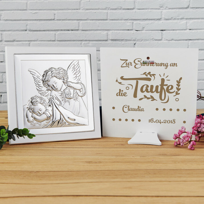 Taufe - Engel mit Laterne - Silbernes Bild mit Gravur