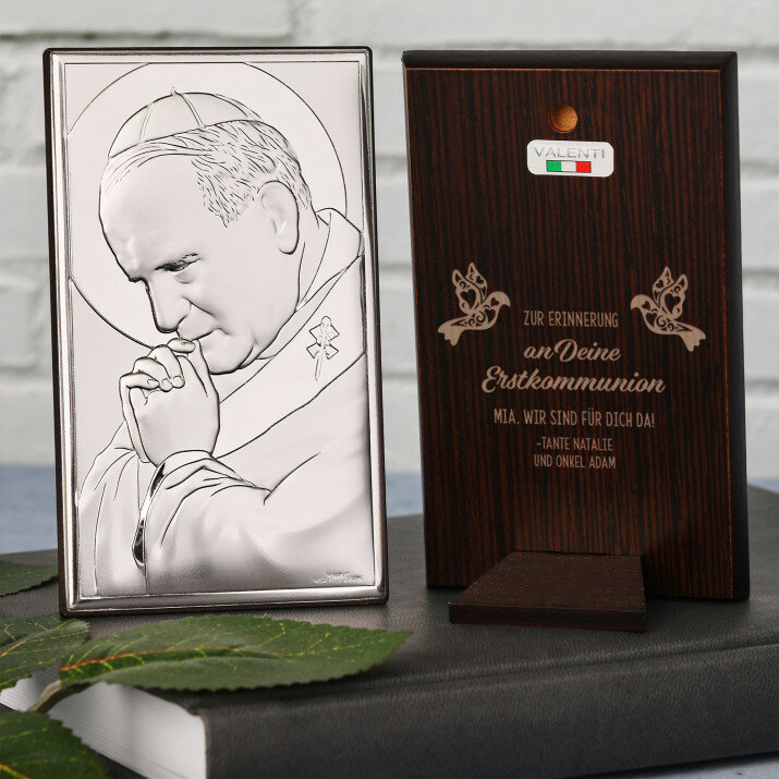 Zur Erinnerung an Deine Erstkommunion - Papst - Silbernes Bild mit Gravur