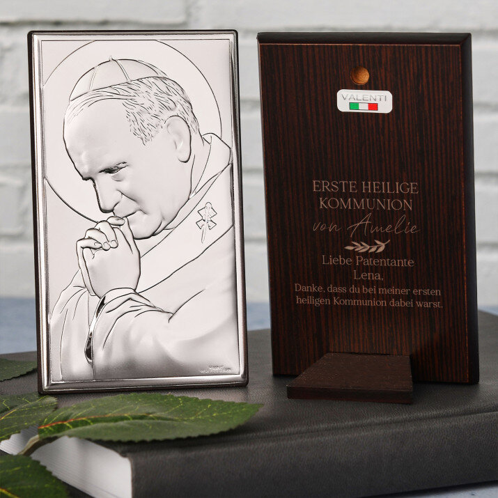Erstkommunion - Dank an die Patentante - Papst - Silbernes Bild mit Gravur