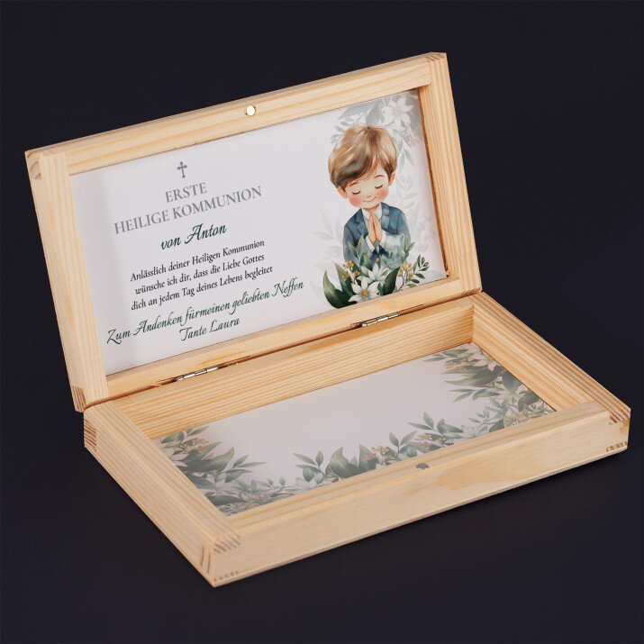 Erste Heilige Kommunion Gottes Liebe Junge - Geldgeschenkbox aus Holz