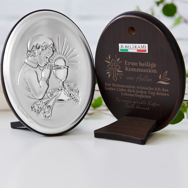 Erste Heilige Kommunion Göttliche Liebe - Junge - Silbernes Bild mit Gravur