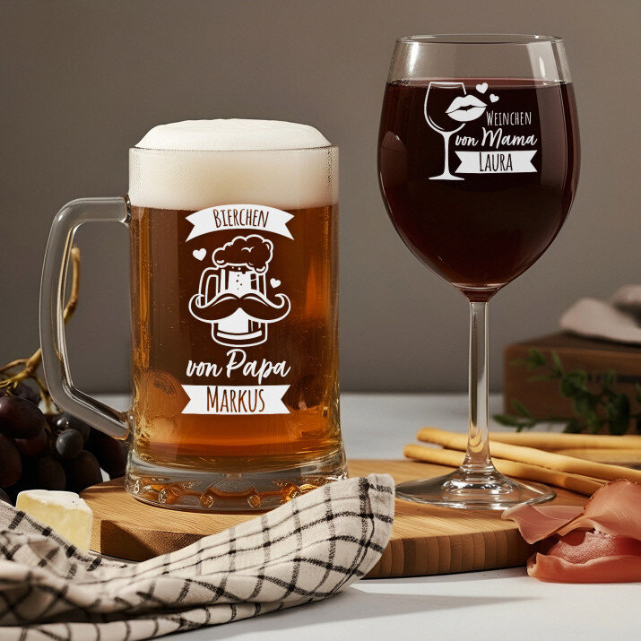 Papas Bierchen und Mamas Weinchen - Set aus Becher und Weinglas