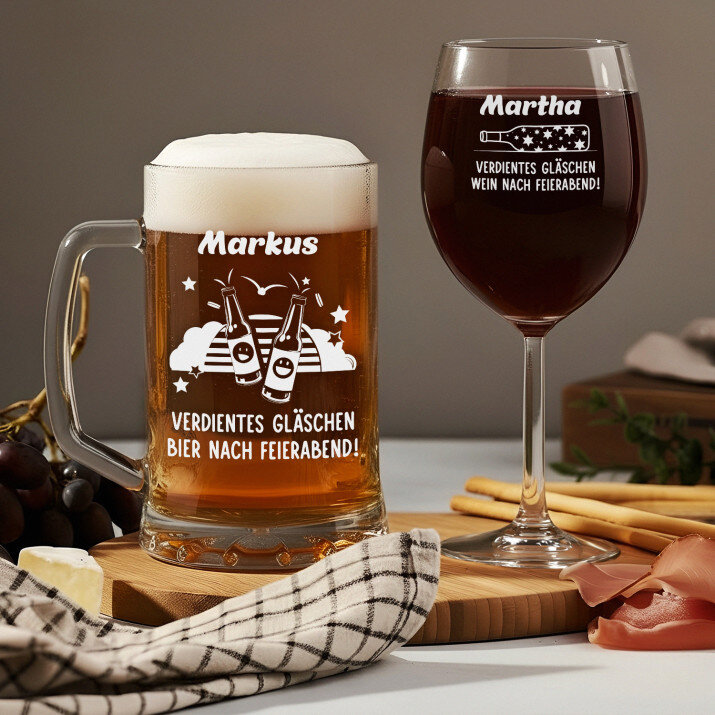 nach der Arbeit - Set aus Becher und Weinglas
