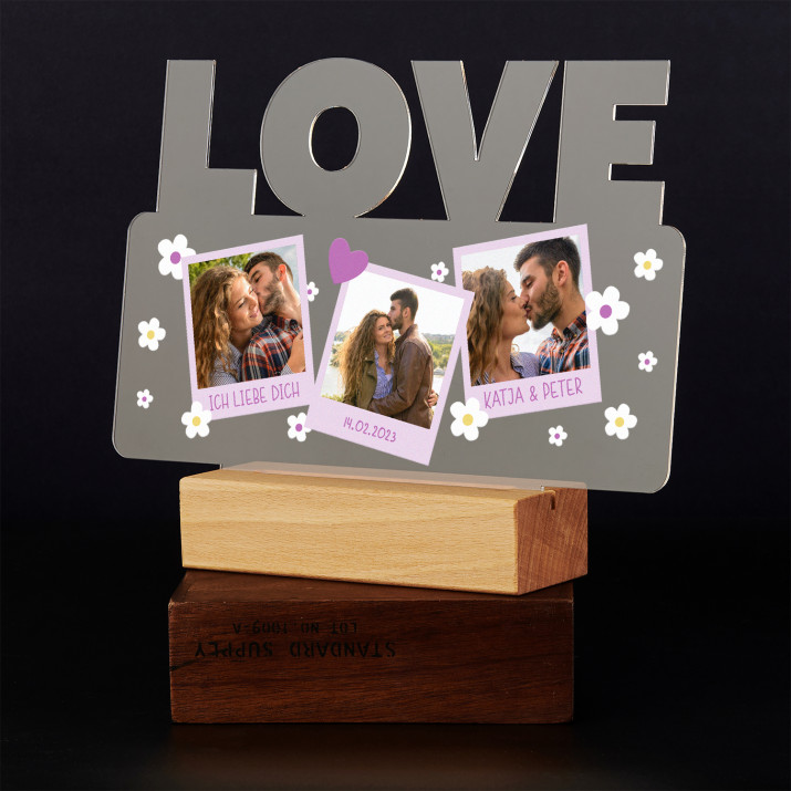 Polaroids blumen - Druck auf Acrylglas mit LED Beleuchtung - Wort LOVE