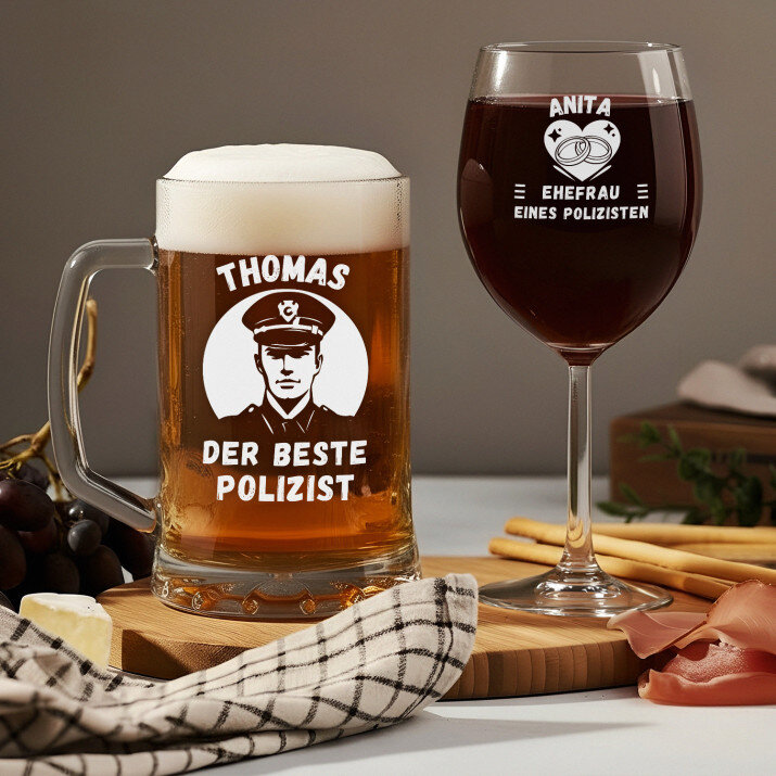 Polizist, Ehefrau eines Polizisten - Set aus Becher und Weinglas