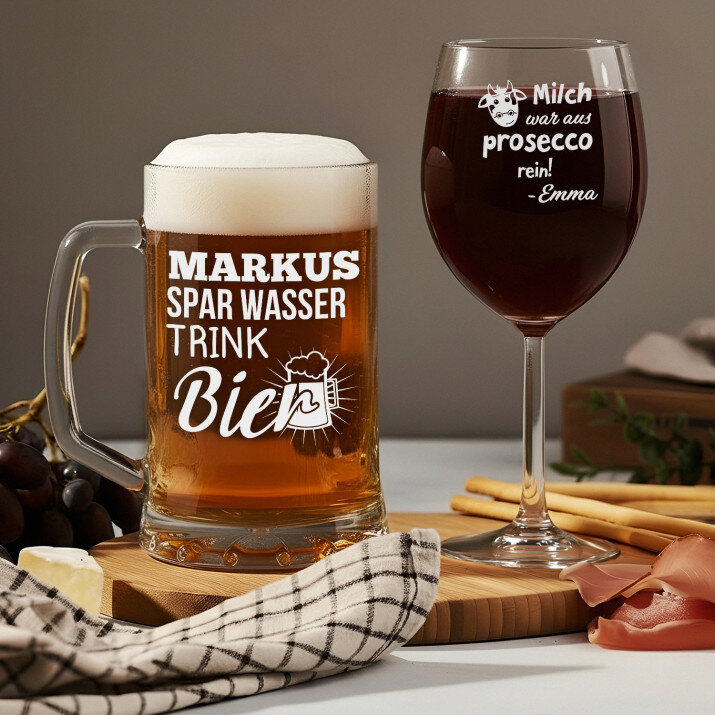 Prosecco und Bier - Set aus Becher und Weinglas