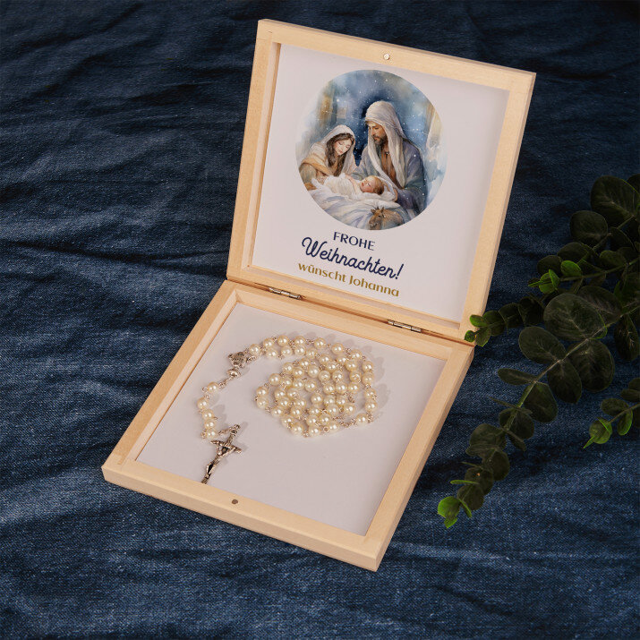 Frohe Weihnachten Krippe - Rosenkranz in Holzkiste