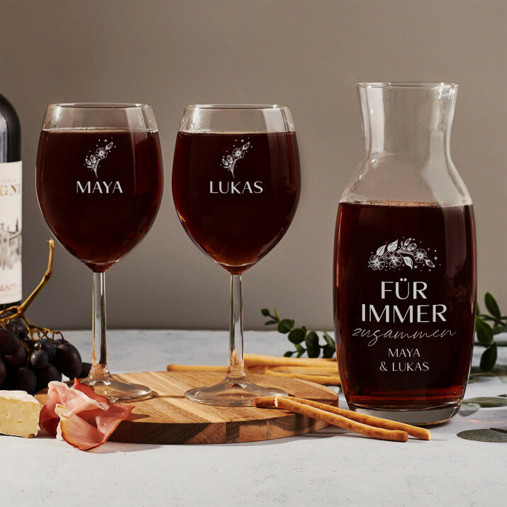 Für immer zusammen - Weinkaraffe und zwei Weingläser - Set mit Gravur