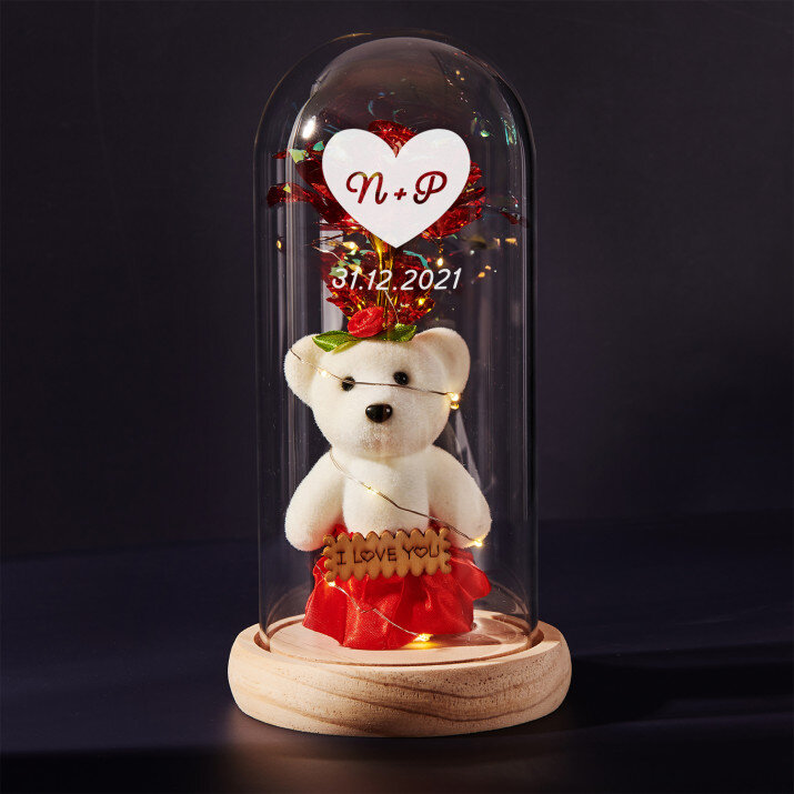 Herz + datum - Ewige Rose mit Teddybär