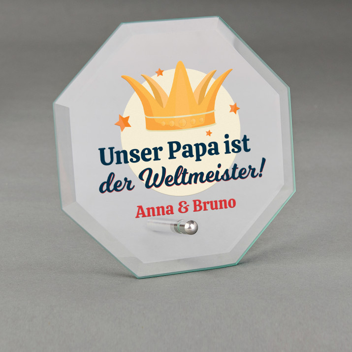 Papa der Weltmeister - Glastrophäe mit Aufdruck