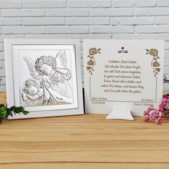 Geliebtes Kind Gottes - Engel mit Laterne - Silbernes Bild mit Gravur