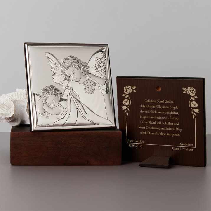 Geliebtes Kind Gottes - Engel mit Laterne - Silbernes Bild mit Gravur