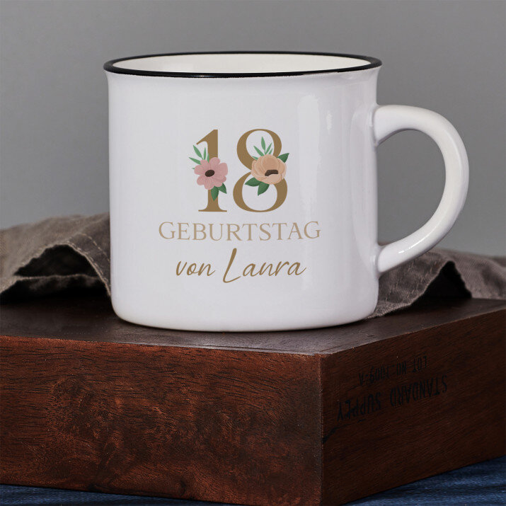 Geburtstag Blumen - Keramikbecher mit schwarzem Rand
