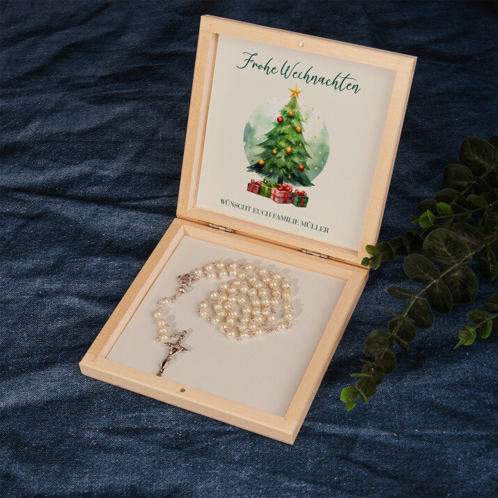Frohe Weihnachten Weihnachtsbaum - Rosenkranz in Holzkiste