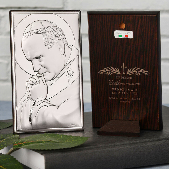 Zu Deiner Erstkommunion - Papst - Silbernes Bild mit Gravur