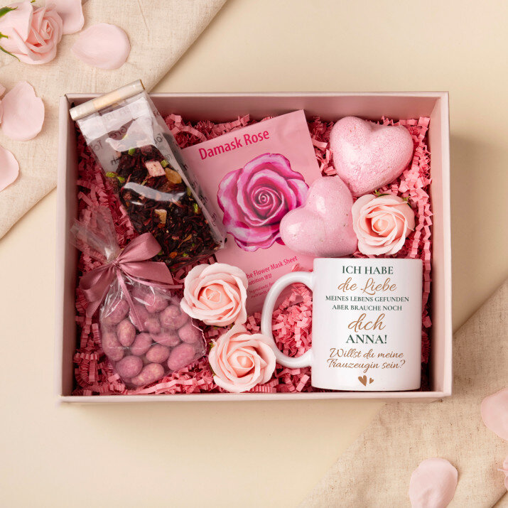 Tasse und Rosen-Spa-Set willst du meine Trauzeugin sein