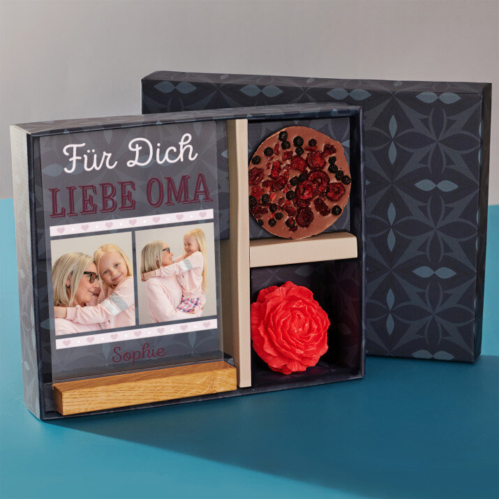 Geschenkset für Ihre Oma mit Druck auf Acrylglas und Schokolade