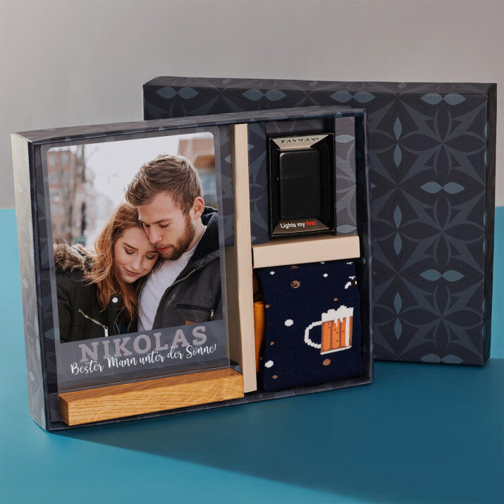 Geschenkset mit Druck auf Acrylglas und Feuerzeug für Freund