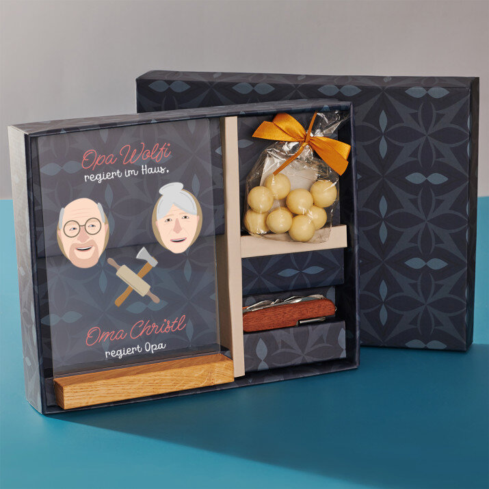 Geschenkset für Ihren Opa mit Druck auf Acrylglas und Taschenmesser
