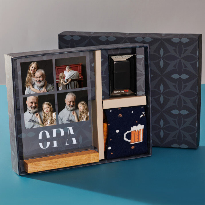 Geschenkset mit Druck auf Acrylglas und Feuerzeug für Ihren Opa