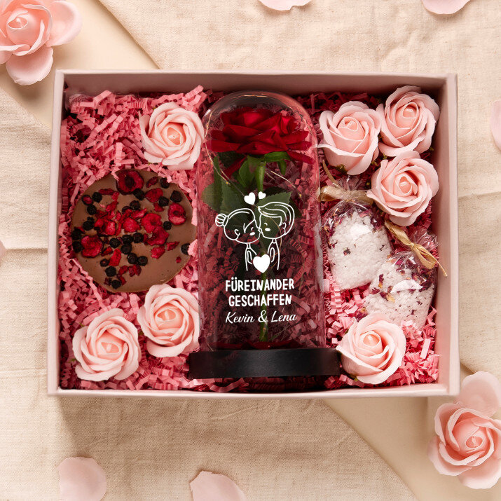 Geschenkset Für die Freundin zum Valentinstag mit Ewiger Rose, Schokolade und Badesalz